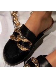 Metal Chain Lazy Loafers Big Round Toe Women Slippers Sandals 2021 Summer Fashion Thick-soled Pumps Office Women Mules Shoes