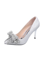 Rimocy 2022 Luxury Silver Crystal Bowknot Women Pumps Sexy Stiletto Heel Wedding Party Shoes Woman Pointed Toe Thin High Heels