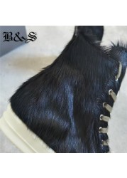 High quality black fur street leather custom PU lace-up boots