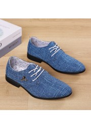 Men's classic business shoes man dress shoes fashion korea pointed toe lace-up formal wedding shoes men blue hemp 2021 new