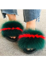 fluffy slippers women luxury real fox fur slippers women home fur slides ladies summer flip flops wholesale flat shoes slippers