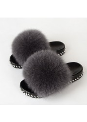 Fur Slippers Women Real Fox Fur Slides Fluffy Home Slippers Luxury Flip Flop with Fur Ladies Platform Sandals Summer Shoes Women