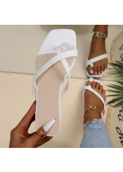 Women's Slippers 2022 Spring New Big Women's Shoes Square Head Toe Band Flat Bottom Sandals 43