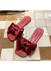 Rimocy Fashion Satin Bowtie Women's Flat Sandals Summer 2022 PU Slippers Outdoor Woman Comfortable Slides for Women Flip Flops