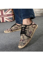 Spring Fashion Flat Canvas Women's Shoes Lace-up Hemp Sewing Print Shoes Woman Breathable Non-slip Casual Ladies Vulcanized Shoes