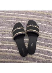 2022 summer women slippers black leather letter embroidered outer wear flat heel shoes sandals more details visit reviews