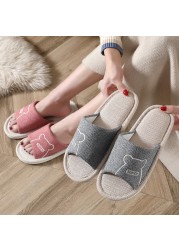 Women Indoor Linen Slippers Floor Couple Bedroom Shoes Ladies Summer Cute Cartoon Open Toes Non-slip Flip Flops Zapatillas Mujer