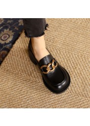 2022 New Women's Pumps Natural Leather Plus Size 22-25cm Cowhide Upper Full Leather Metal Chain Loafers Shoes Lazy Shoes