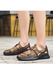 2022 New Summer Men's Mesh Sandals Outdoor Casual Non Slip Sandals Fashion Genuine Leather Handmade Beach Sandals BIg Size