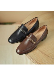 Women Pumps Natural Leather Shoes Plus Size 22-25cm Full Leather Round Toe Classic Metal Loafers Women Platform Heels