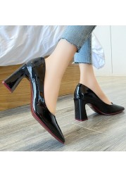 2022 Lucifer Women's Glossy Faux Leather Shoes Square Heel Spring Shoes Women High Heels Office Lady Shoes Shallow Mouth