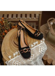 Meotina Slingback Shoes Women Genuine Leather Women Shoes High Heel Buckle Chain Tassel Crystal Shoes Thick Heel Ladies Shoes 40