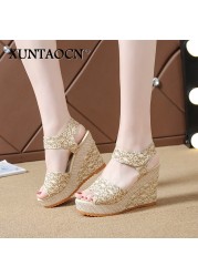 Women Sandals New Summer Fashion Lace Hollow Gladiator Wedges Shoes Woman Slides Peep Toe Hook & Loop Solid Lady Casual