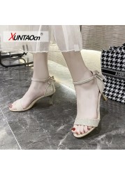 Flock Beige High Heels Sandals for Women 2020 Summer Shoes Women Fashion Open Toe Buckle Casual Sandals Square Heel Women's Shoes