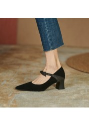 2021 Autumn Women Shoes Sheep Suede Pointed Toe Chunky Heel Women Pumps Shoes Ladies Concise Mary Janes Bow High Heel Shoes