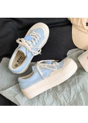 QWEEK Platform Sneakers Korean New Blue Love Kawaii Canvas Casual Sneakers Women Spring and Autumn Vulcanize Tennis Running