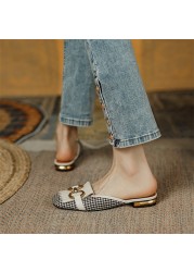 Meotina Women Mules Shoes Genuine Leather Flat Shoes Fringe Metal Decoration Square Toe Women's Shoes Spring Autumn Brown 40