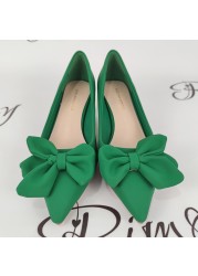 Rimocy Sexy Pointed Toe Bowknot Pumps Women Slip On PU Leather High Heel Shoes Woman Thin Heel Solid Color Green Party Shoes