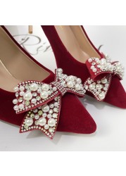 Rimocy Sexy Red Velvet Wedding Shoes for Women 2022 Luxury Pearl Bowknot Pointed Toe Pumps Woman Stiletto High Heel Dress