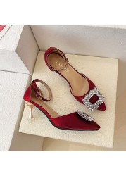 Rimocy Luxury Crystal Buckle Pumps Women 2022 Spring Ankle Strap High Heels Shoes Woman Satin Pointed Toe Thin Heel Party Shoes