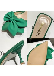 Lucyever Fashion Big Bowknot Women's Slippers 2022 Summer Pointed Toe Low Heels Mules Shoes Woman Green Thin Heeled Slides Mujer