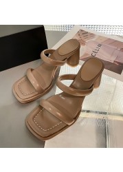 Women Slippers Summer Square Toe High Heels Platform Shoes Ladies Party Slides Thick Bottom Female Slippers Women Flip Flops