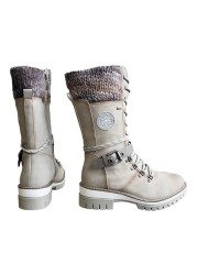 Women's Winter Side Pull Lace-up Knitted Mid Tube Boots Low Heel Round Toe Boots High Quality Winter Warm Boots Botas De Mujer