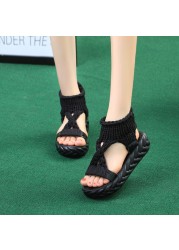 Women Gladiator Sandals Summer Flat Wool Shoes Thick Bottom Knitting Solid Sandals Ladies Platform Sandalias Zapatos Mujer