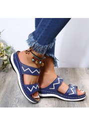 Rimocy Summer Outdoor Platform Beach Slippers Women PU Leather Striped Wedges Sandals Woman Fashion Thick Sole Non-slip Slides