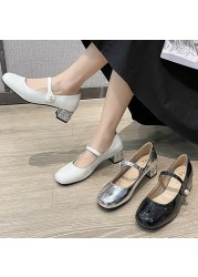 Lucyever Fashion Pearls Ankle Strap Pumps Women Shoes 2022 Rhinestone Thick Heels Mary Janes Woman Patent Leather Office Shoes