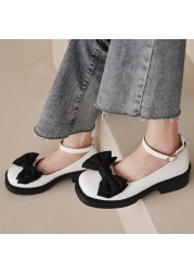 Lucyever Black Bowknot Med Heels Mary Jane Shoes Women 2022 Ankle Strap Platform Pu Leather Shoes Woman Vintage Thick Heel Pumps