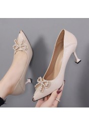 Rimocy Sexy Pointed Toe Shallow Stiletto Heel Pumps Women Fashion Pearl Bowknot High Heel Dress Party Shoes Woman Zapatos Mujer