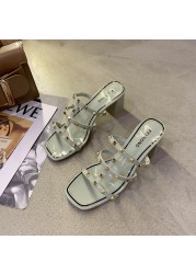 Summer 2021 New Slippers Women Rivet Sandals Women Square Toe Slippers Open Toe Shoes Fashion Shoes For Women Sexy High Heels