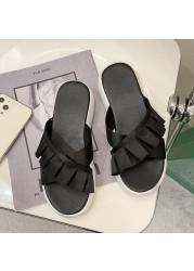 Summer ladies outdoor shopping flat slippers simple high platform open toe slides women flounce cloth soft soles walking shoes