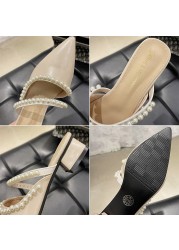 Lucifer Fashion Pointed Toe Pearl Slippers Women 2022 Summer Thick Heels Mules Shoes Woman PU Leather Outdoor Slippers Female