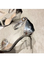 lucifer pearl strap high heel sandals for women summer ankle strap stiletto heel shoes woman gold silver party shoes ladies