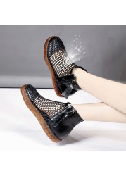 2021 Summer Flat Sandals Soft Genuine Leather Breathable Mesh Flat Sandals Korean Hollow Out Sandals Female Student Shoes