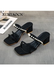 Summer Women Slippers Med Thread Beads Pantuffel Shoes Square Heel Binded Jelly Shoes Fashionable Soft 2022