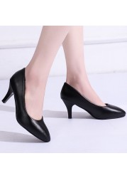 Lucifer 2022 Spring Black PU Leather Women Shoes Pointed Toe Slip On Office Women Shoes High Heels Shallow Mouth