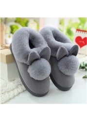 Autumn Winter Cotton Slippers Rabbit Fur Home Warm Thick Bottom Indoor Cotton Shoes Women Slippers Cute Fluffy Cat Slippers