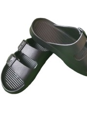 Classic black flat sandal with arch support 2 strap adjustable double buckle slip-on slide shoes non-slip rubber sole