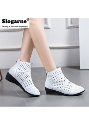 Women's hollow ankle boots female spring shoes 4.5cm medium heel wedges soft leather invisible height increasing short boots