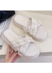 Rimocy Pearl Cross-Band Sandals Summer 2022 Open Toe Beach Shoes Women Platform Chunky Platform Sandals Women's Sandals