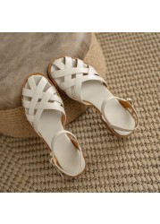 Real Leather Weave Gladiator Women Sandals Square Heels Buckle Strap Sandals for Women 2022 Hollow Out Summer Ladies Footwear