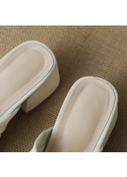 EGONERY Women Fashion Slippers Good Quality Genuine Leather Brand Summer Shoes Open Toe Thick Heel Retro Pumps Ladies 34-43 CN