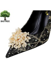 BIGTREE Pearl Floral Shoes Woman Pumps Rhinestone High Heels 2022 New Luxury Women's Heels Stiletto Plus Size Ladies Pumps