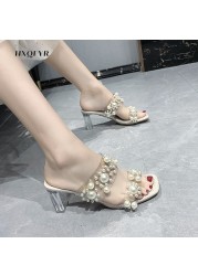 2022 New Women Transparent PVC Beaded Shoes Slippers Open Toe Female Beach Perspex Heels Crystal Shoes Female Shoes