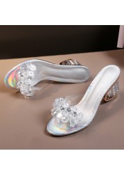 Rhinestone PVC Transparent Slippers for Women Summer 2022 Fashion Pearl High Heel Sandals Woman Silver Party Open Toe Slides