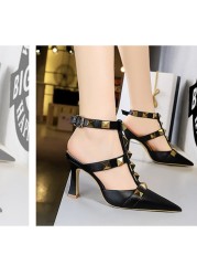2022 new high heels women pointed thin high heels sexy nightclub banquet with metal rivets wild women's summer sandals