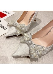 Rimocy Sexy Stiletto Heels Wedding Pumps Women Designer Luxury Pearl Bowknot Thin High Heels Pointed Toe Party Dress Shoes Woman